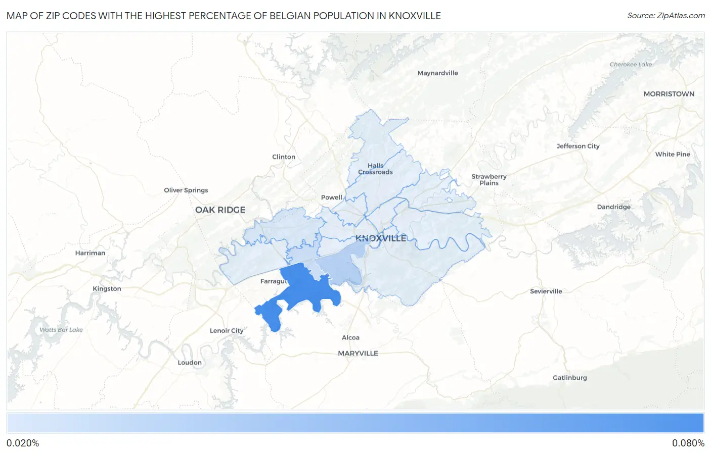 Zip Codes with the Highest Percentage of Belgian Population in Knoxville Map