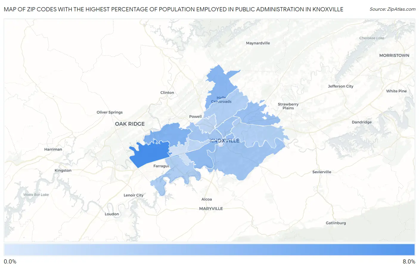 Zip Codes with the Highest Percentage of Population Employed in Public Administration in Knoxville Map