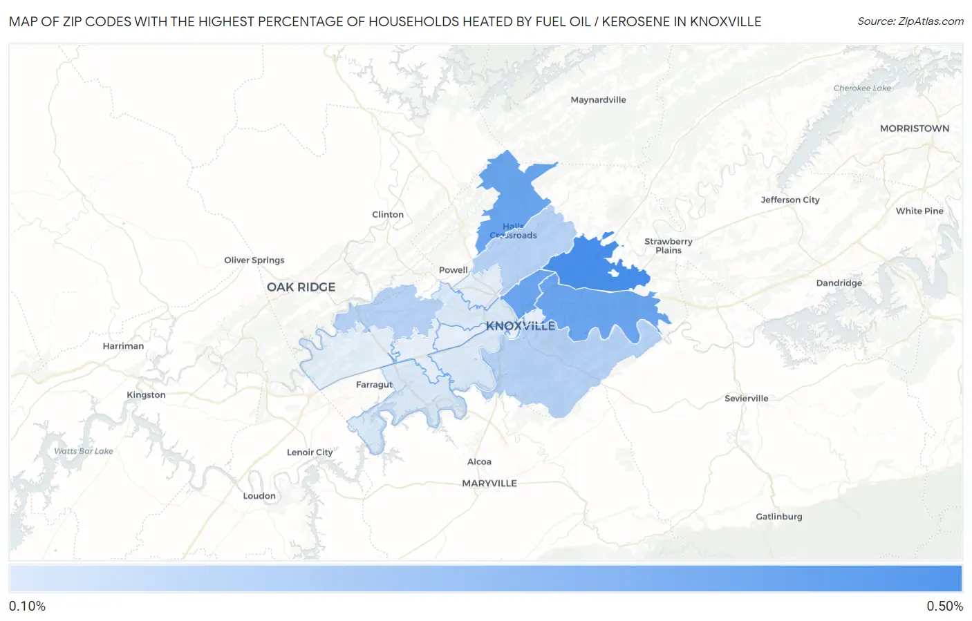 Zip Codes with the Highest Percentage of Households Heated by Fuel Oil / Kerosene in Knoxville Map