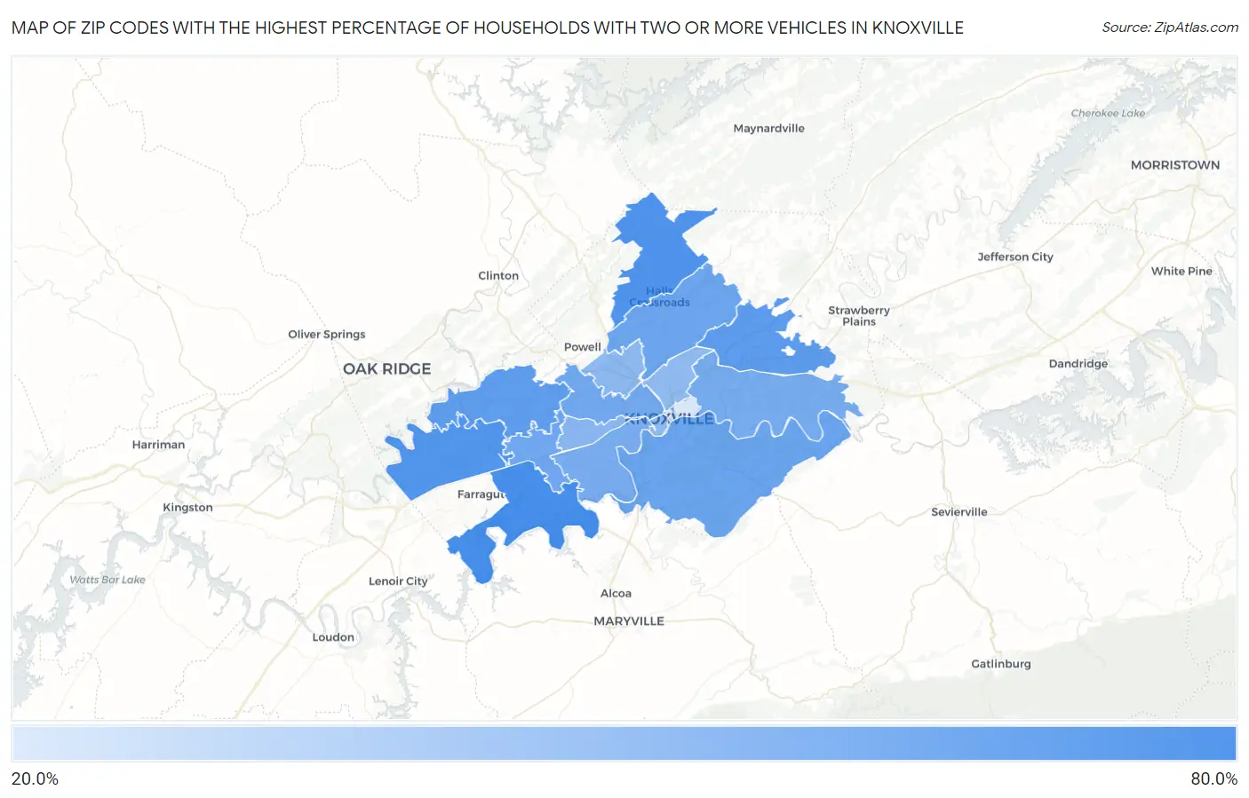 Zip Codes with the Highest Percentage of Households With Two or more Vehicles in Knoxville Map