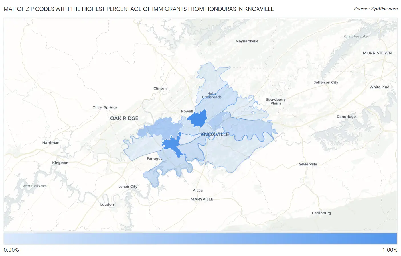 Zip Codes with the Highest Percentage of Immigrants from Honduras in Knoxville Map