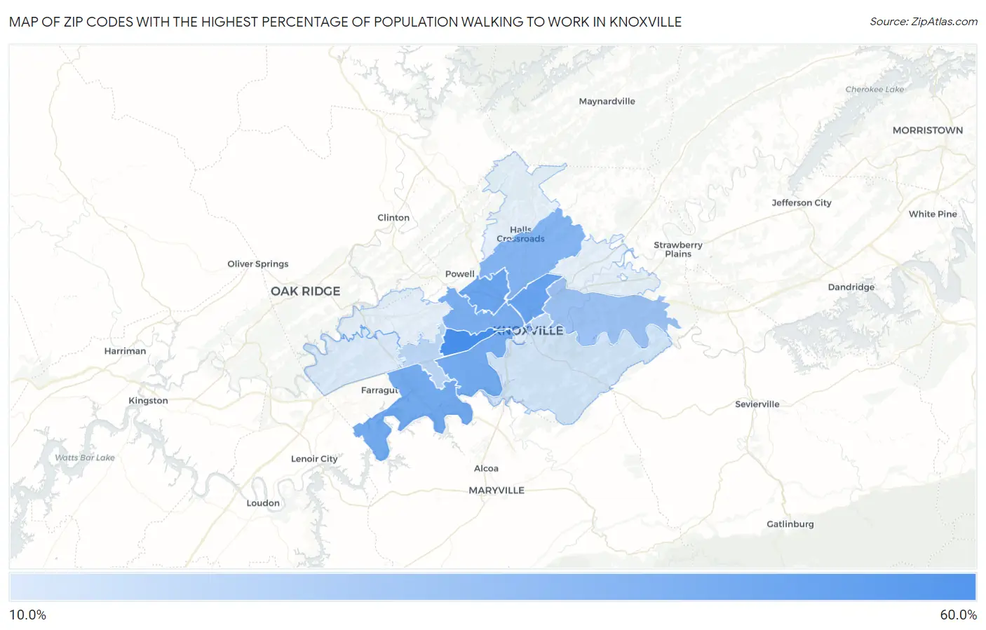 Zip Codes with the Highest Percentage of Population Walking to Work in Knoxville Map