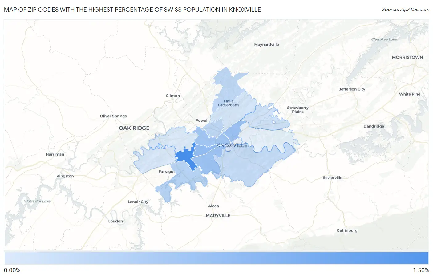 Zip Codes with the Highest Percentage of Swiss Population in Knoxville Map