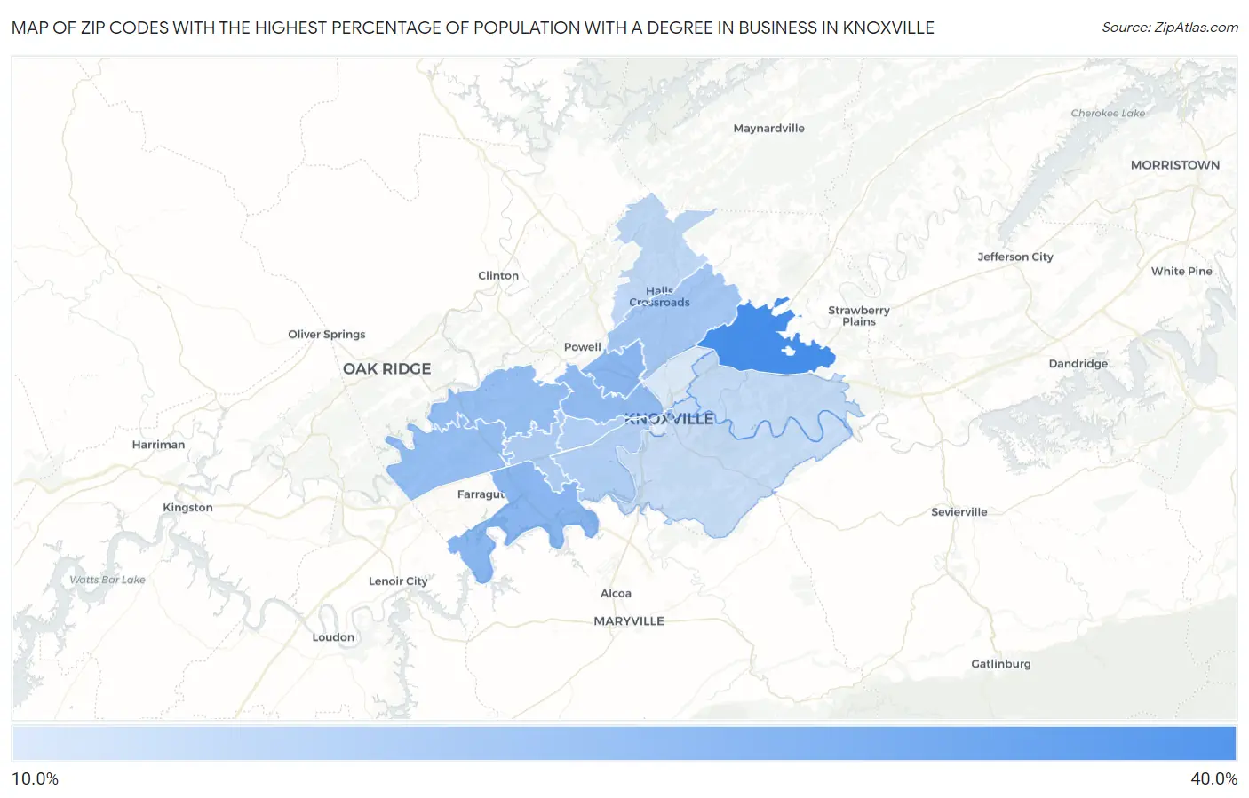 Zip Codes with the Highest Percentage of Population with a Degree in Business in Knoxville Map