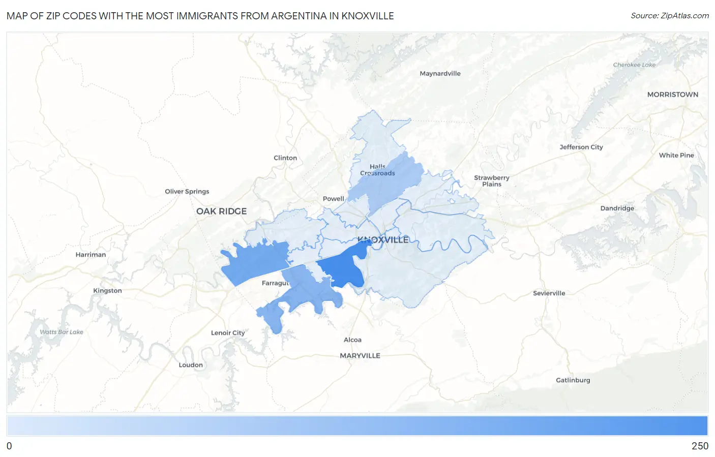 Zip Codes with the Most Immigrants from Argentina in Knoxville Map