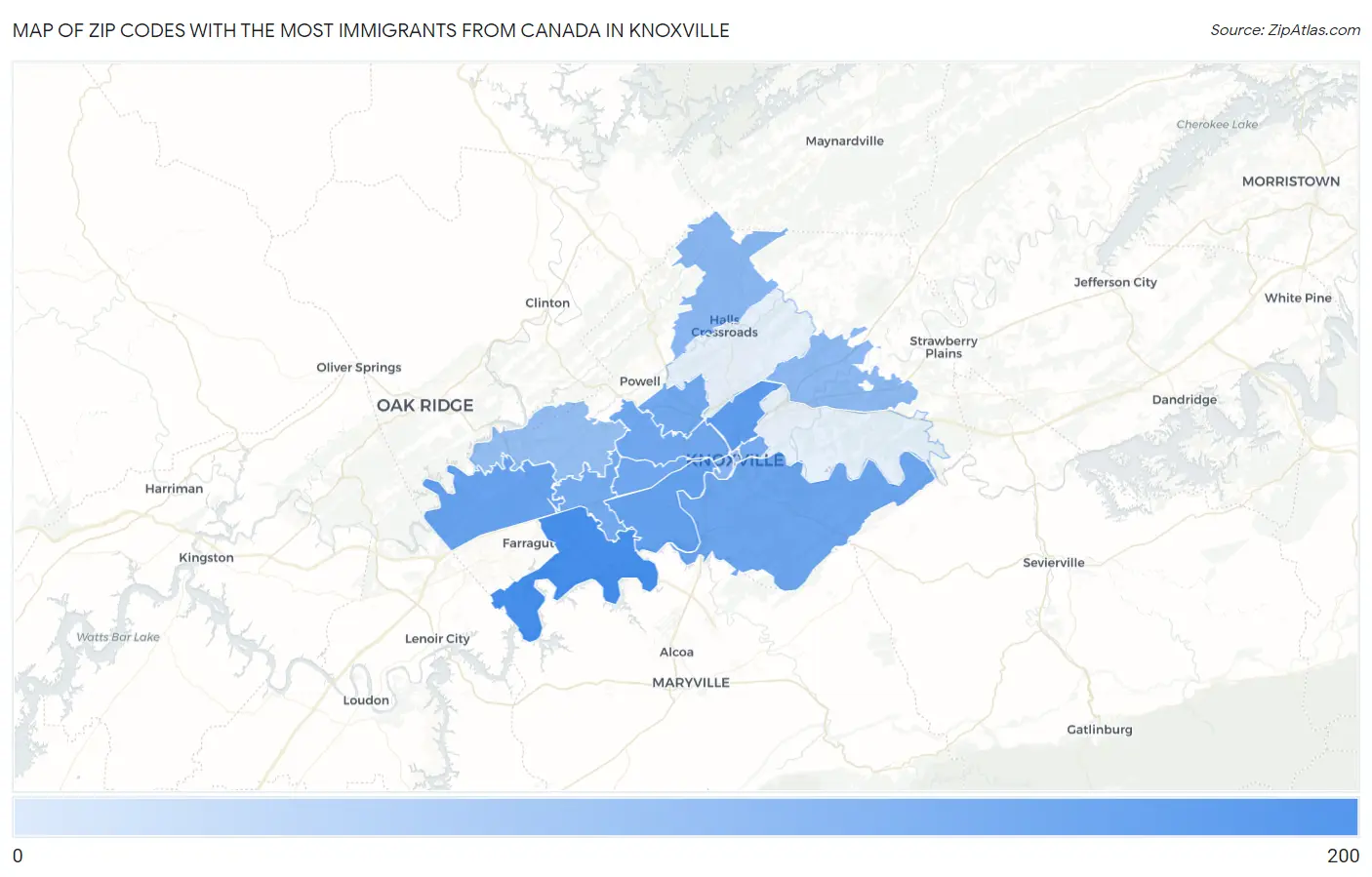 Zip Codes with the Most Immigrants from Canada in Knoxville Map