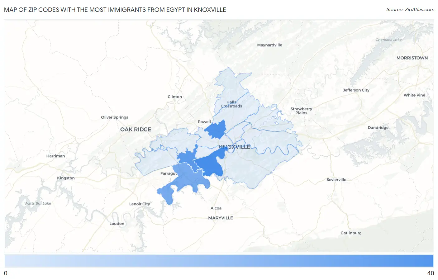Zip Codes with the Most Immigrants from Egypt in Knoxville Map