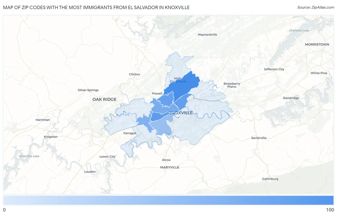 Zip Codes with the Most Immigrants from El Salvador in Knoxville Map