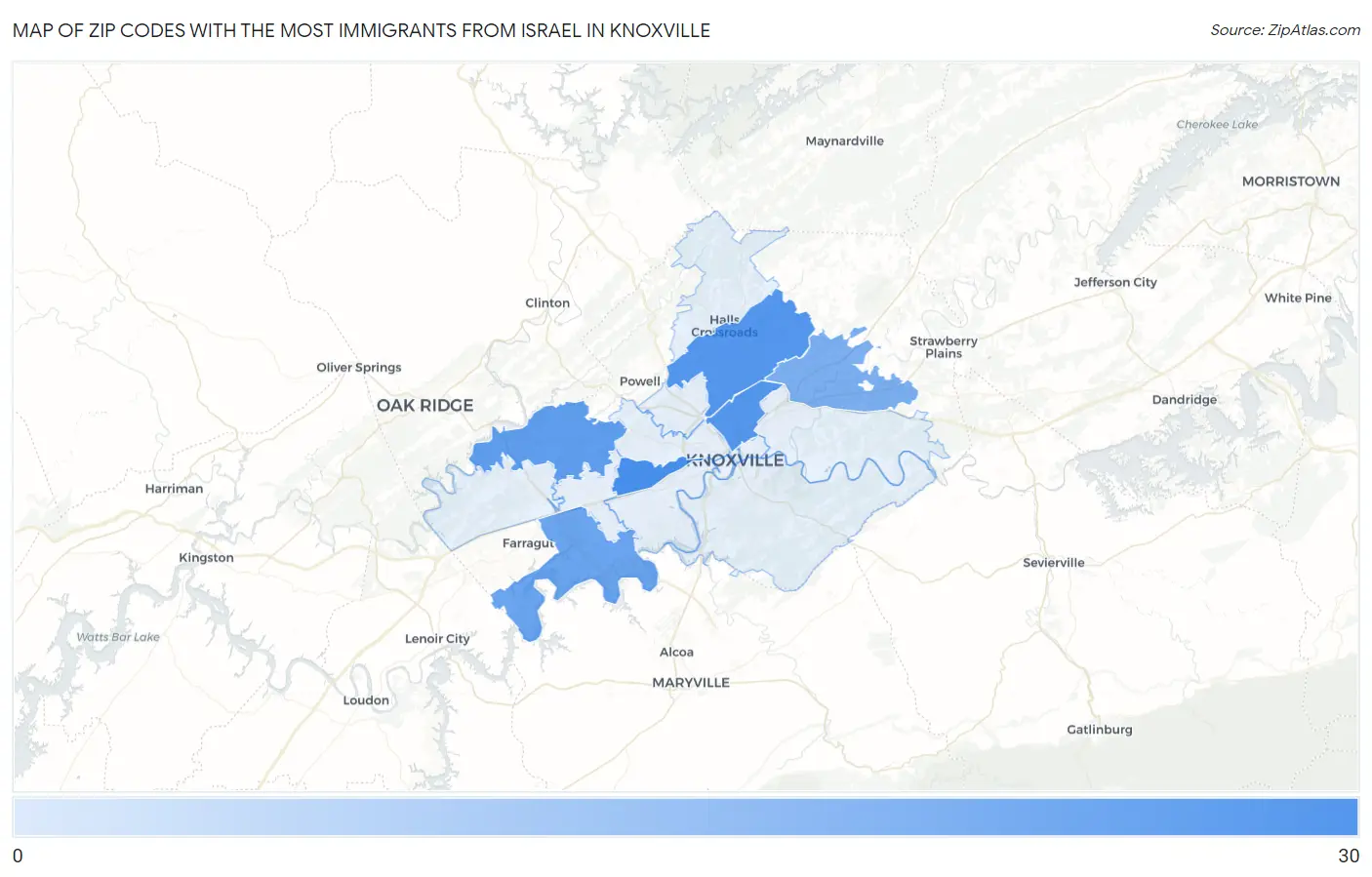 Zip Codes with the Most Immigrants from Israel in Knoxville Map