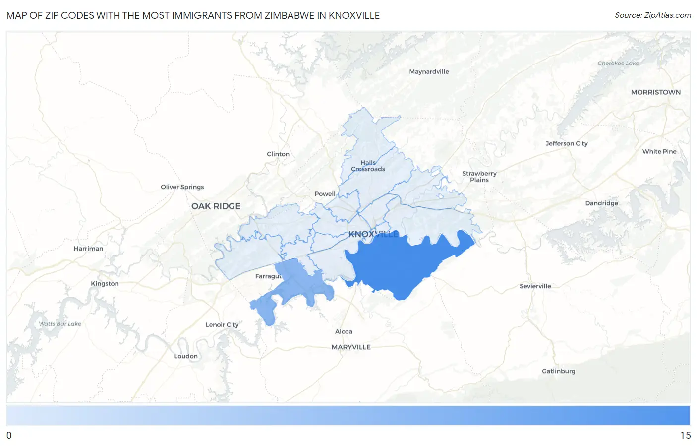 Zip Codes with the Most Immigrants from Zimbabwe in Knoxville Map