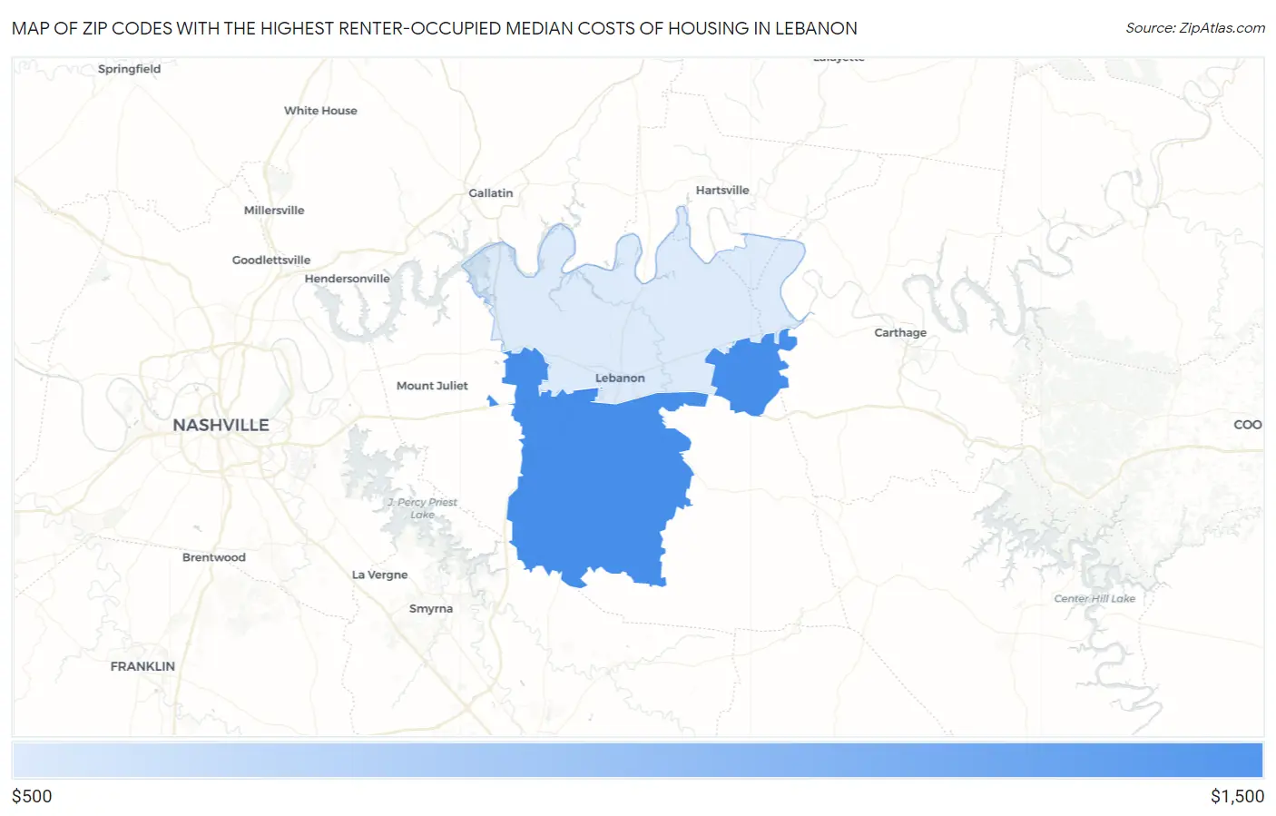 Zip Codes with the Highest Renter-Occupied Median Costs of Housing in Lebanon Map