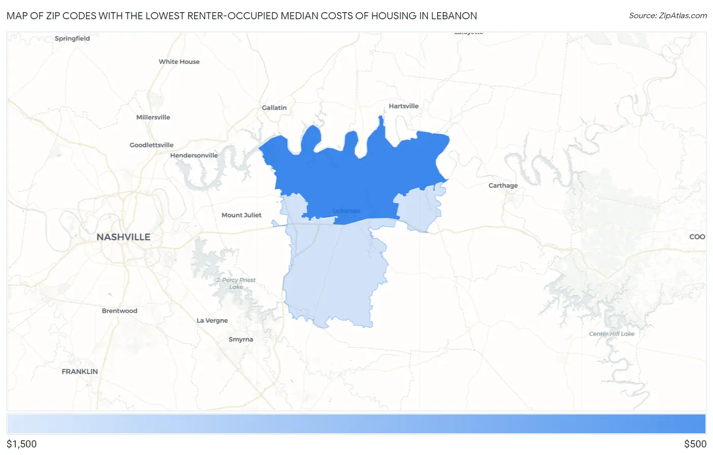 Zip Codes with the Lowest Renter-Occupied Median Costs of Housing in Lebanon Map