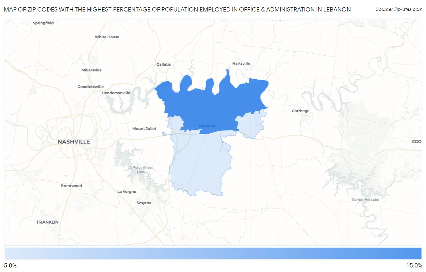 Zip Codes with the Highest Percentage of Population Employed in Office & Administration in Lebanon Map