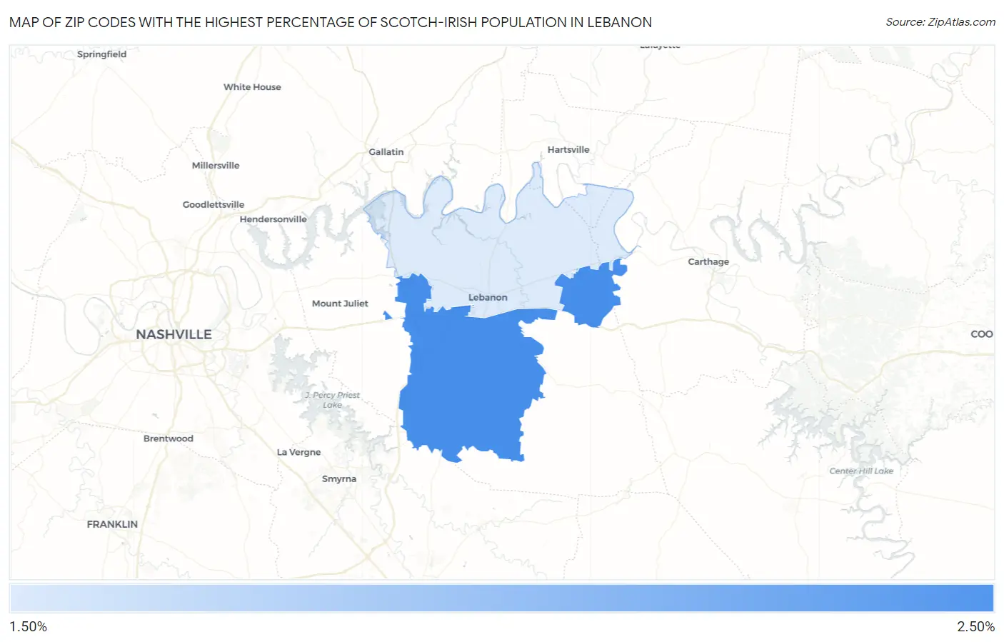 Zip Codes with the Highest Percentage of Scotch-Irish Population in Lebanon Map