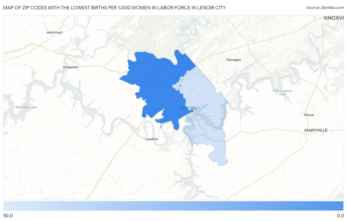 Zip Codes with the Lowest Births per 1,000 Women in Labor Force in Lenoir City Map