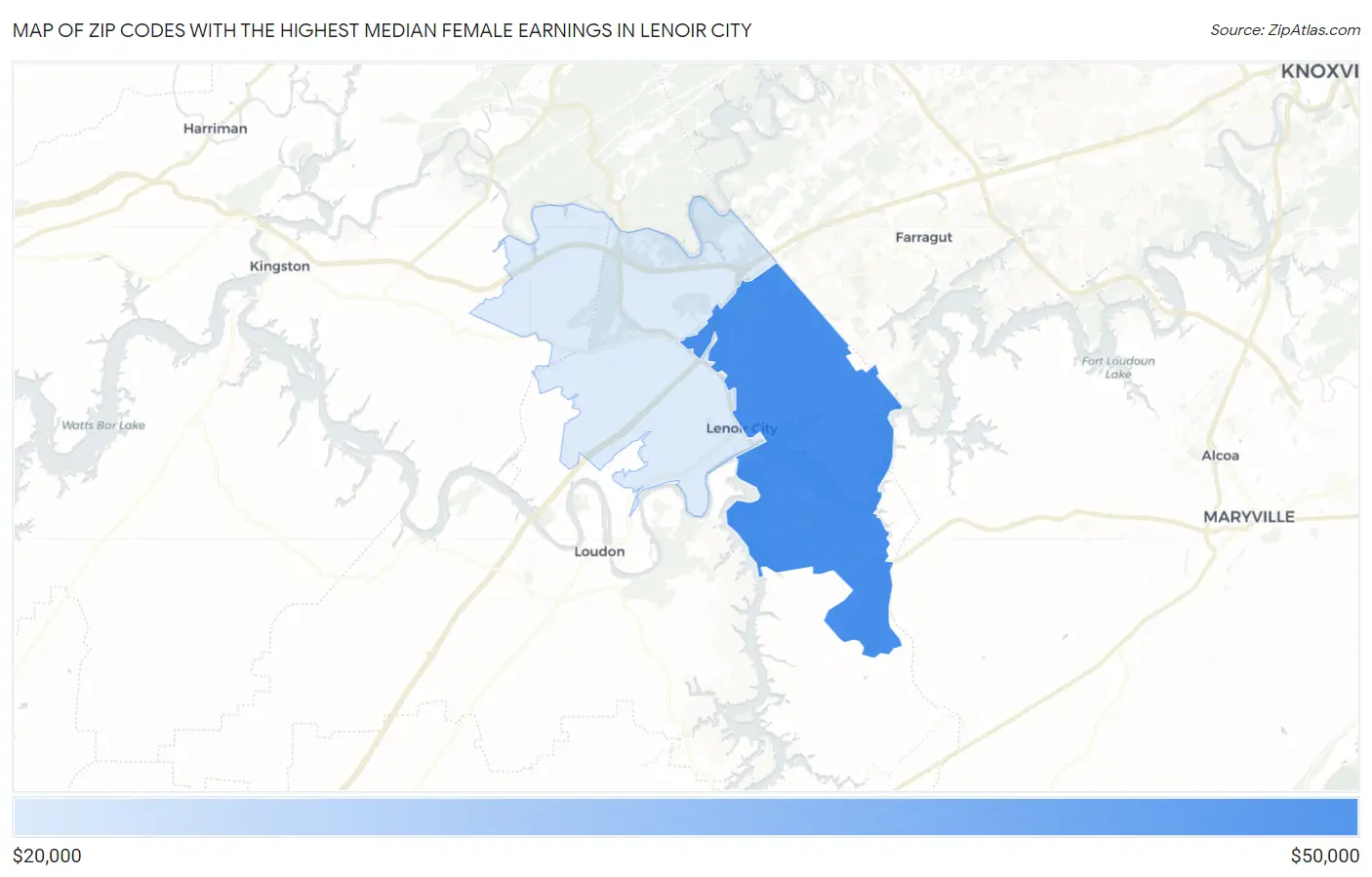 Zip Codes with the Highest Median Female Earnings in Lenoir City Map