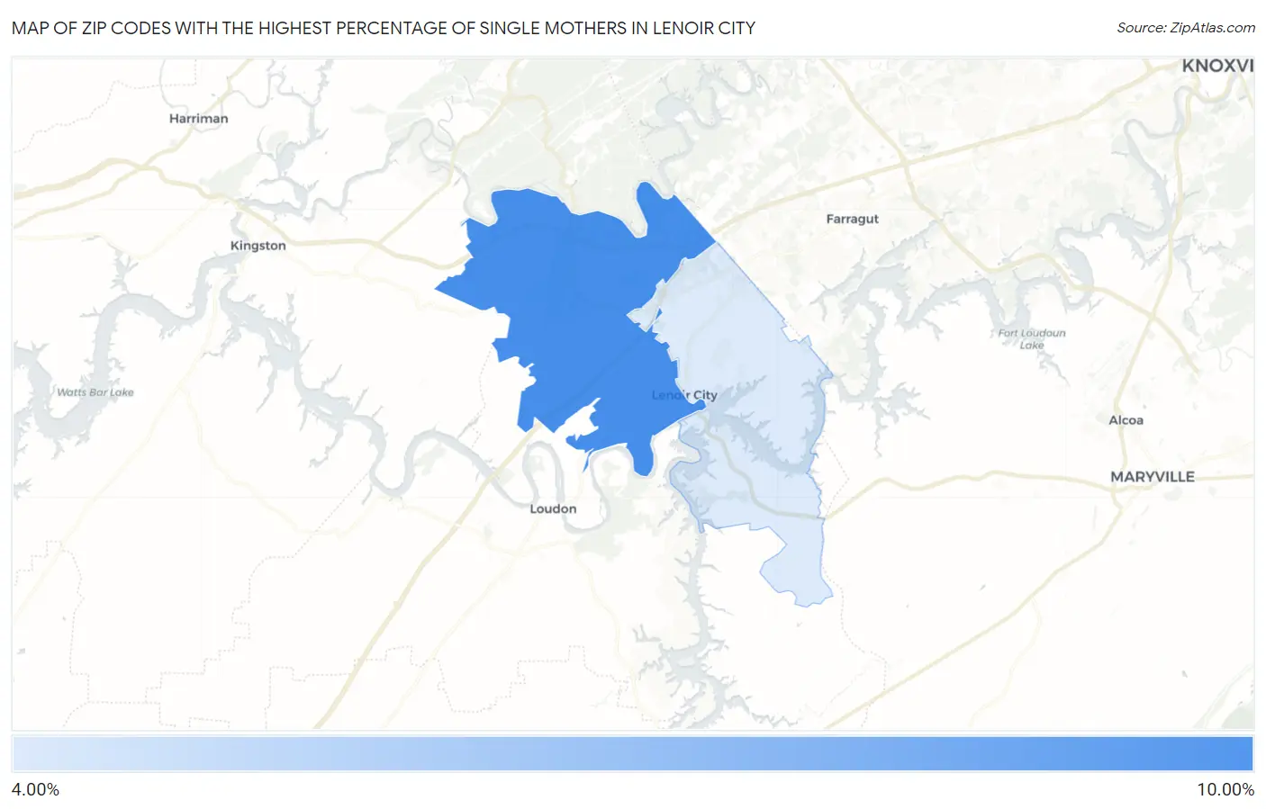 Zip Codes with the Highest Percentage of Single Mothers in Lenoir City Map