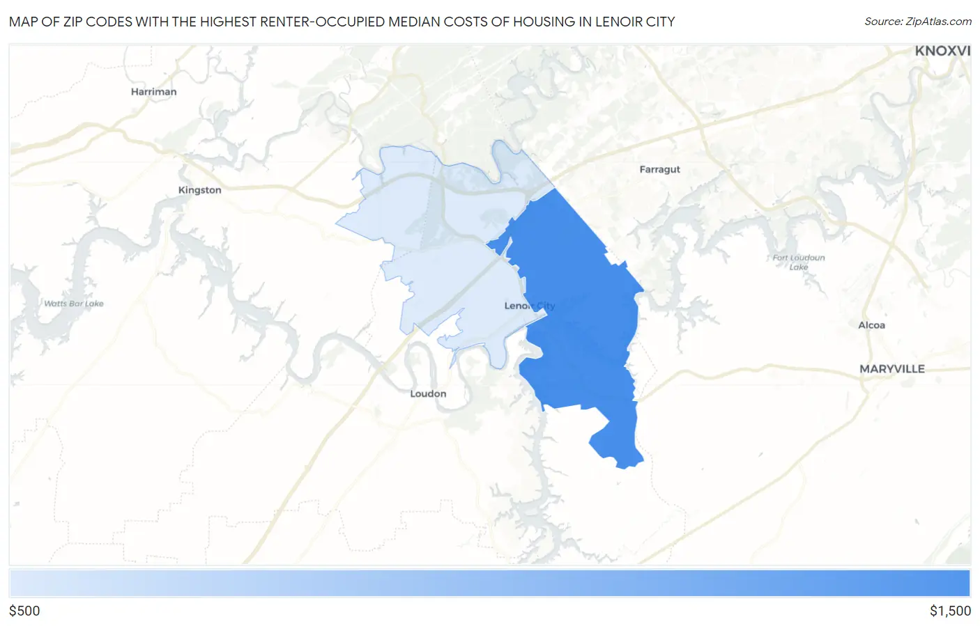 Zip Codes with the Highest Renter-Occupied Median Costs of Housing in Lenoir City Map