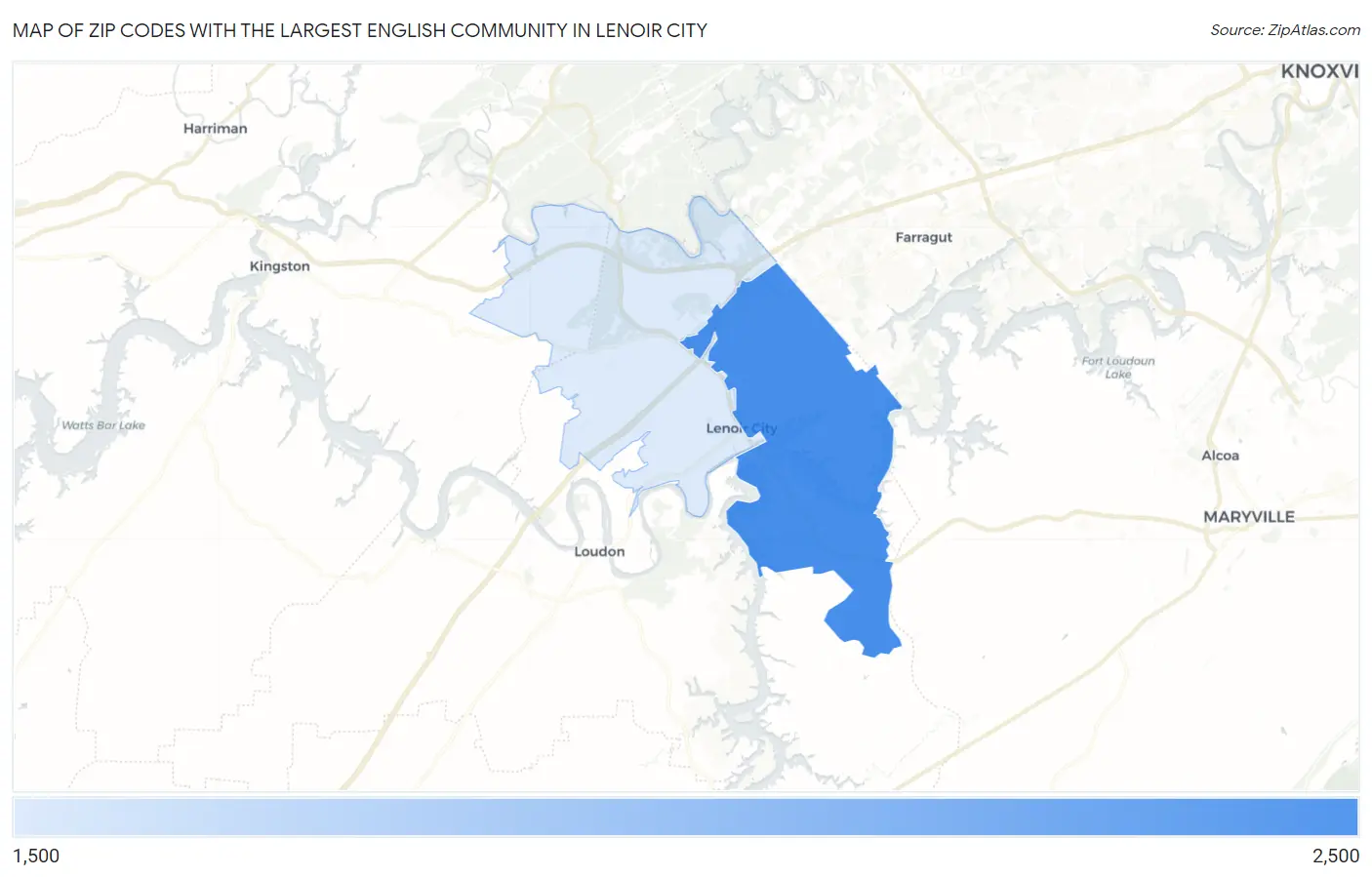 Zip Codes with the Largest English Community in Lenoir City Map