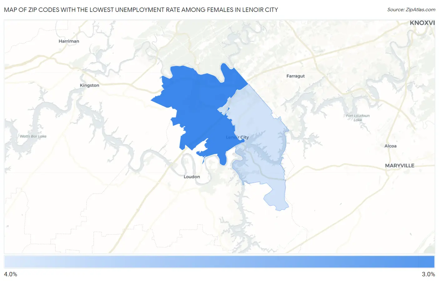 Zip Codes with the Lowest Unemployment Rate Among Females in Lenoir City Map