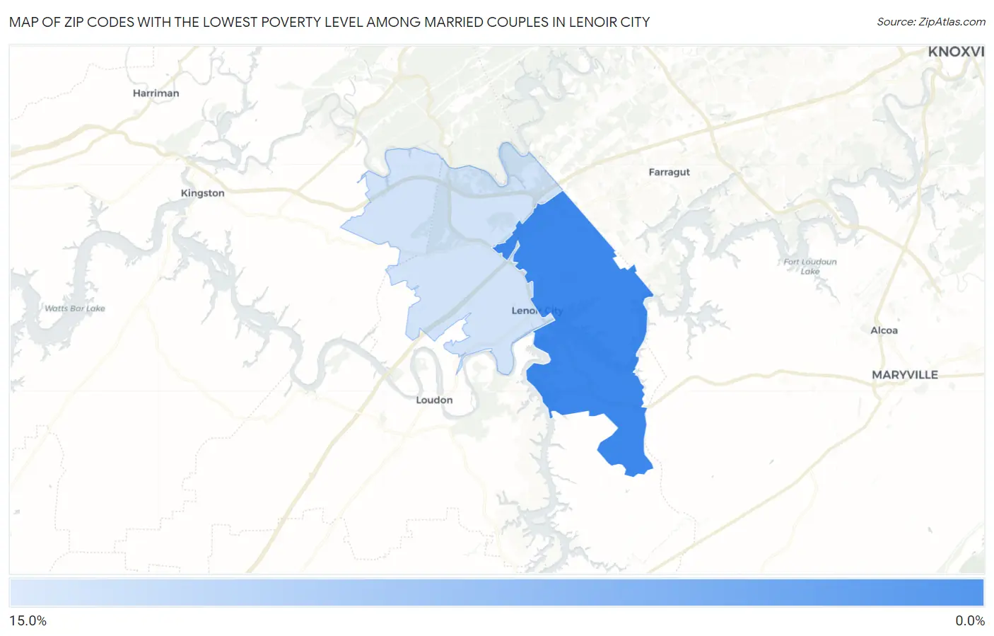 Zip Codes with the Lowest Poverty Level Among Married Couples in Lenoir City Map