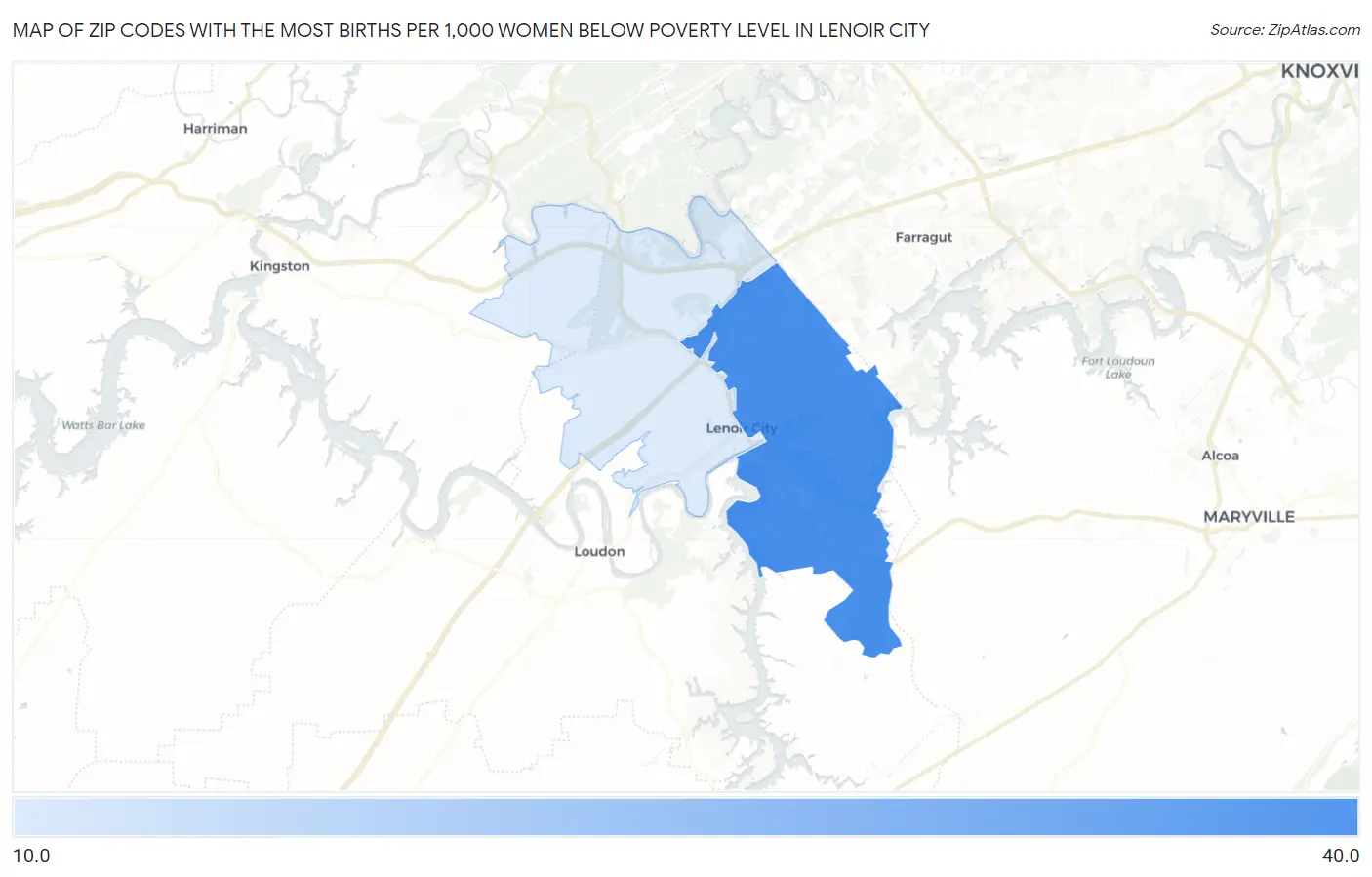 Zip Codes with the Most Births per 1,000 Women Below Poverty Level in Lenoir City Map