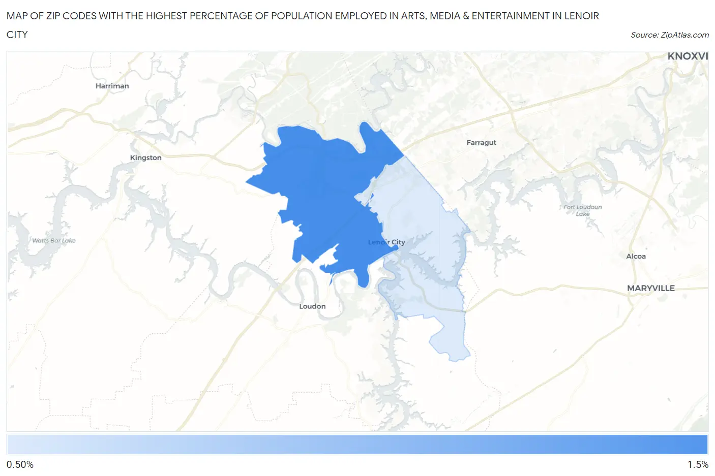 Zip Codes with the Highest Percentage of Population Employed in Arts, Media & Entertainment in Lenoir City Map
