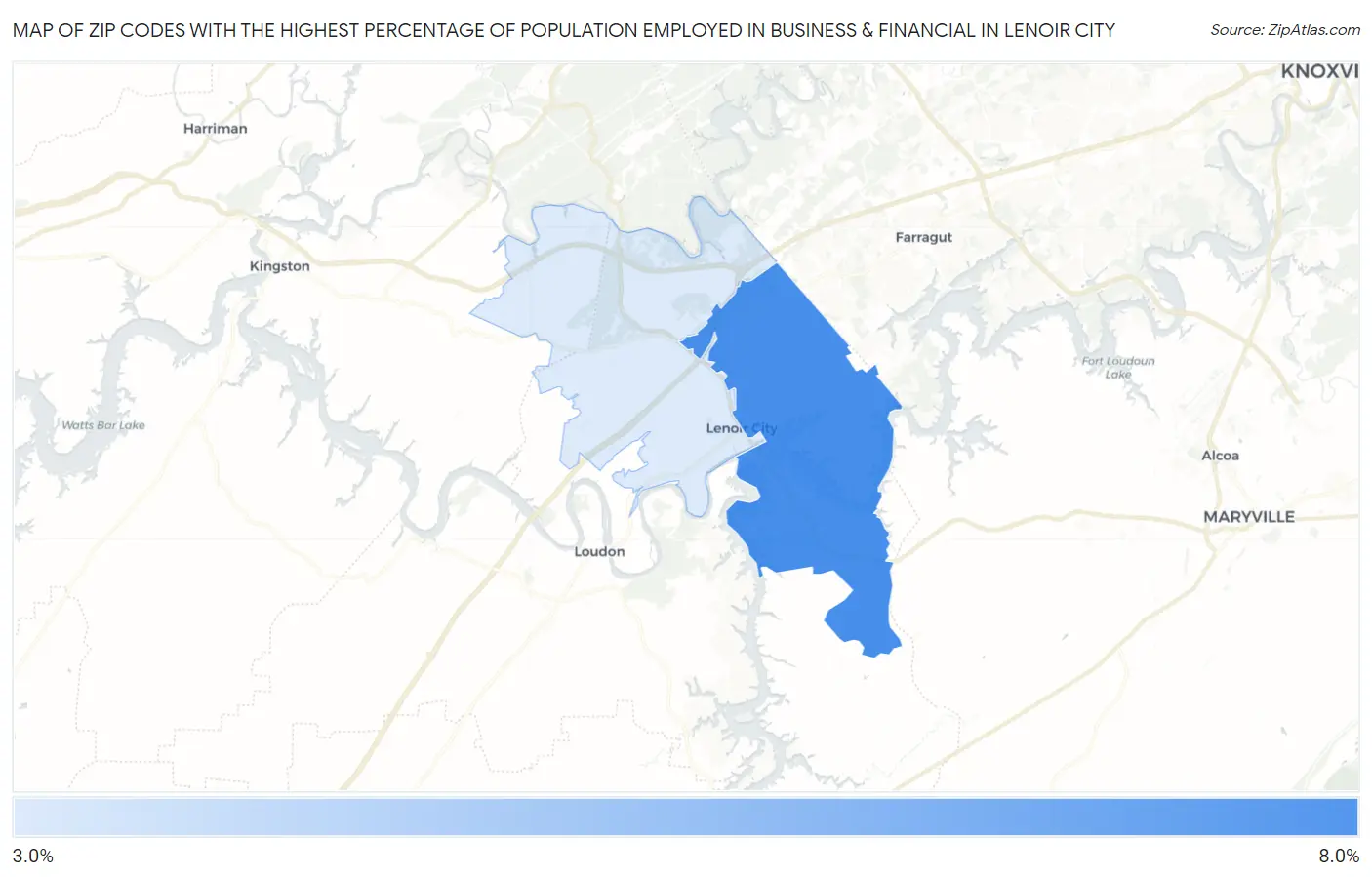Zip Codes with the Highest Percentage of Population Employed in Business & Financial in Lenoir City Map