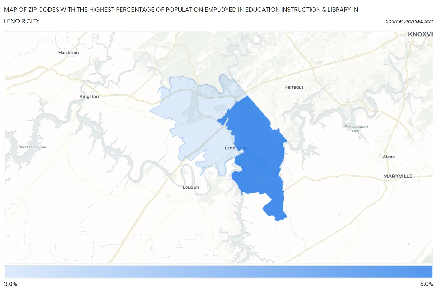 Zip Codes with the Highest Percentage of Population Employed in Education Instruction & Library in Lenoir City Map