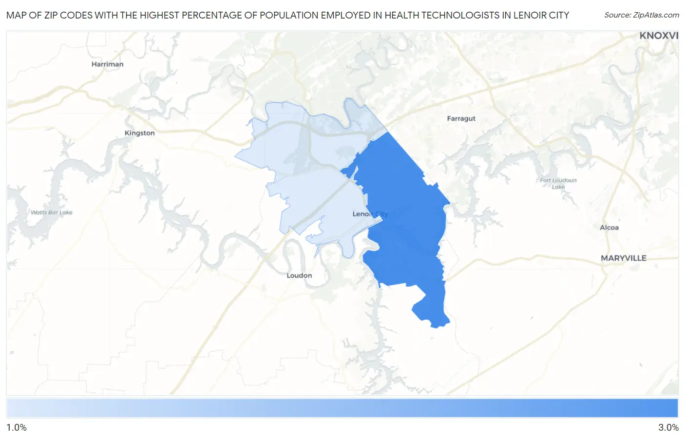 Zip Codes with the Highest Percentage of Population Employed in Health Technologists in Lenoir City Map