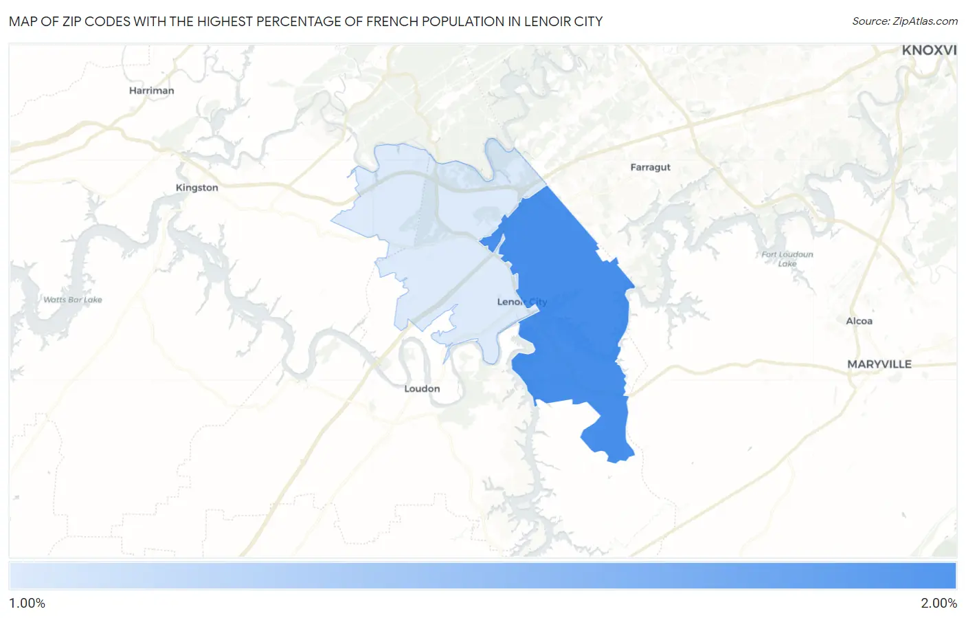 Zip Codes with the Highest Percentage of French Population in Lenoir City Map