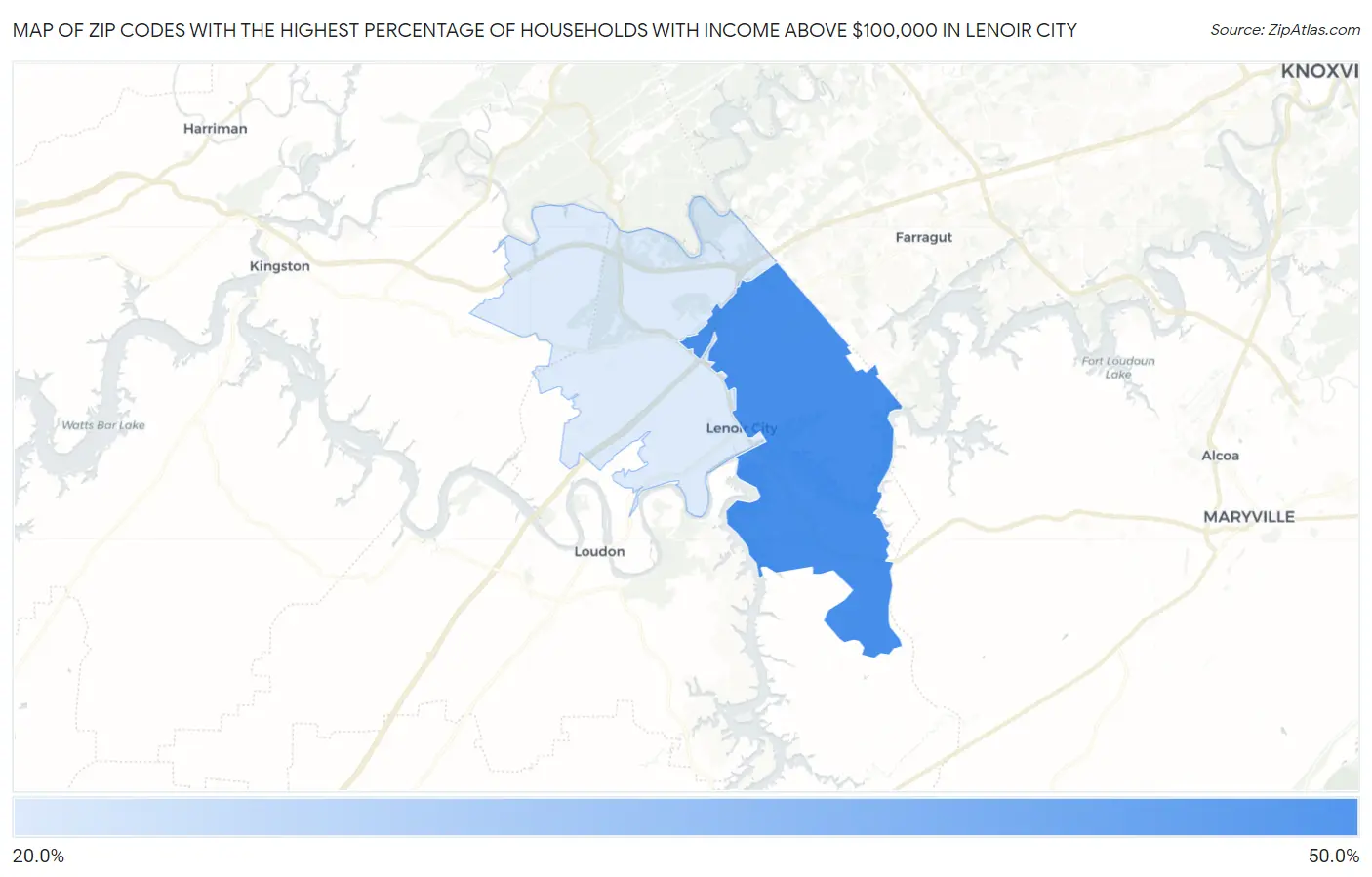 Zip Codes with the Highest Percentage of Households with Income Above $100,000 in Lenoir City Map