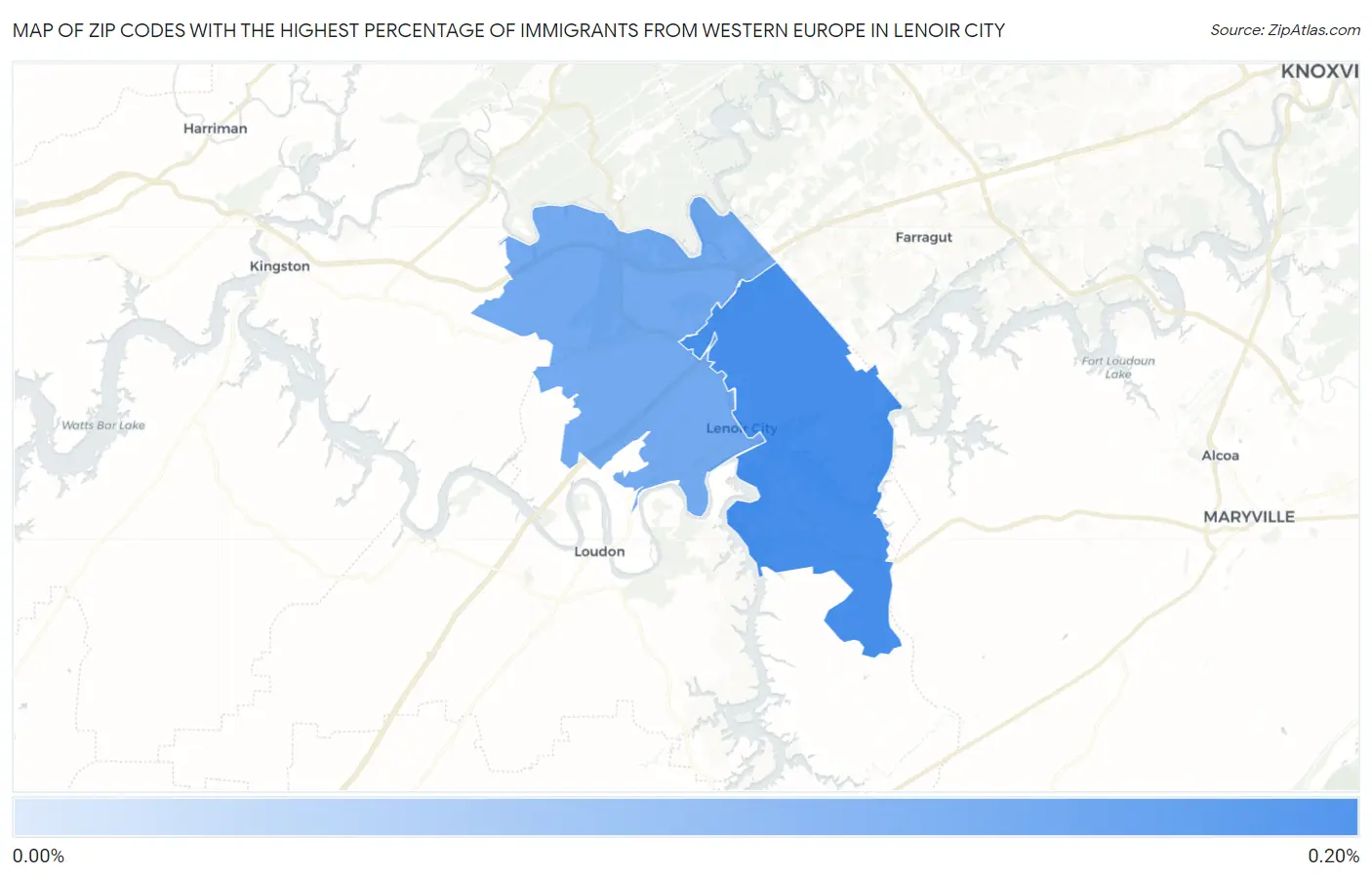 Zip Codes with the Highest Percentage of Immigrants from Western Europe in Lenoir City Map