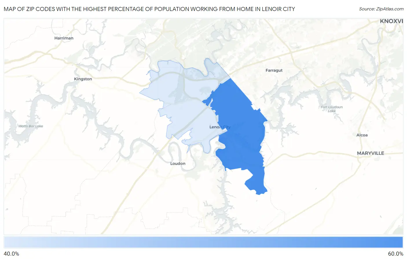 Zip Codes with the Highest Percentage of Population Working from Home in Lenoir City Map