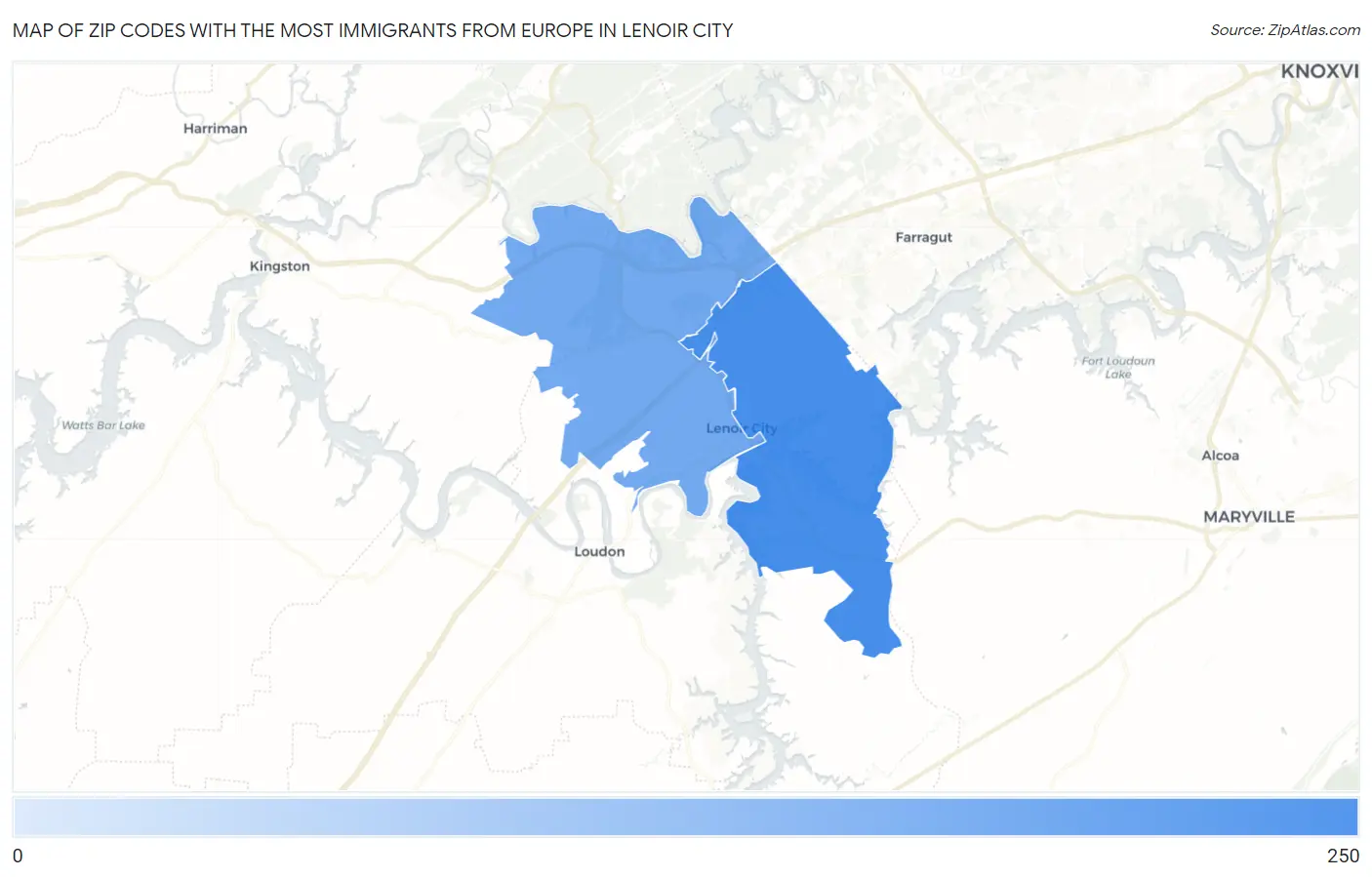 Zip Codes with the Most Immigrants from Europe in Lenoir City Map