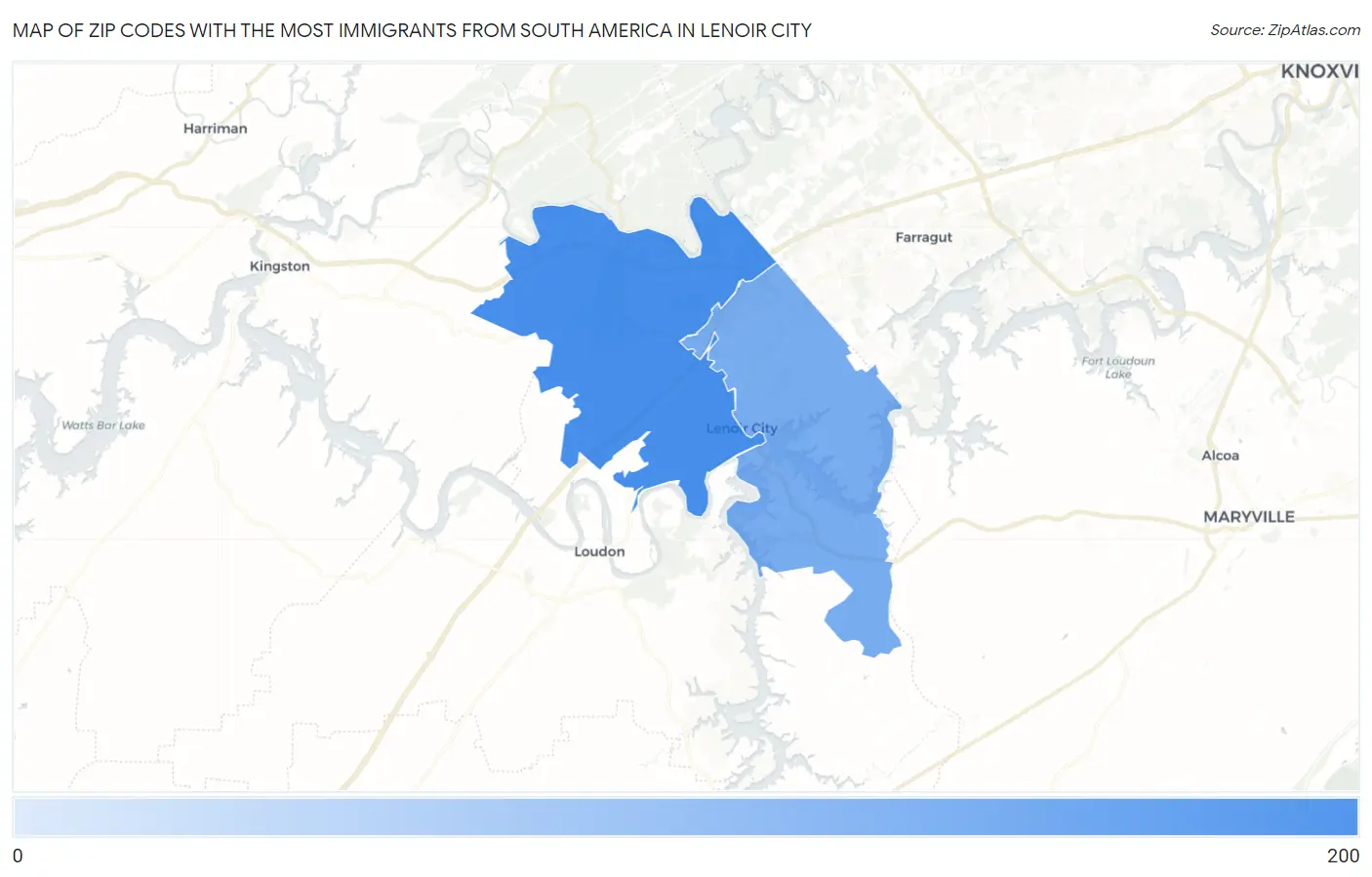 Zip Codes with the Most Immigrants from South America in Lenoir City Map