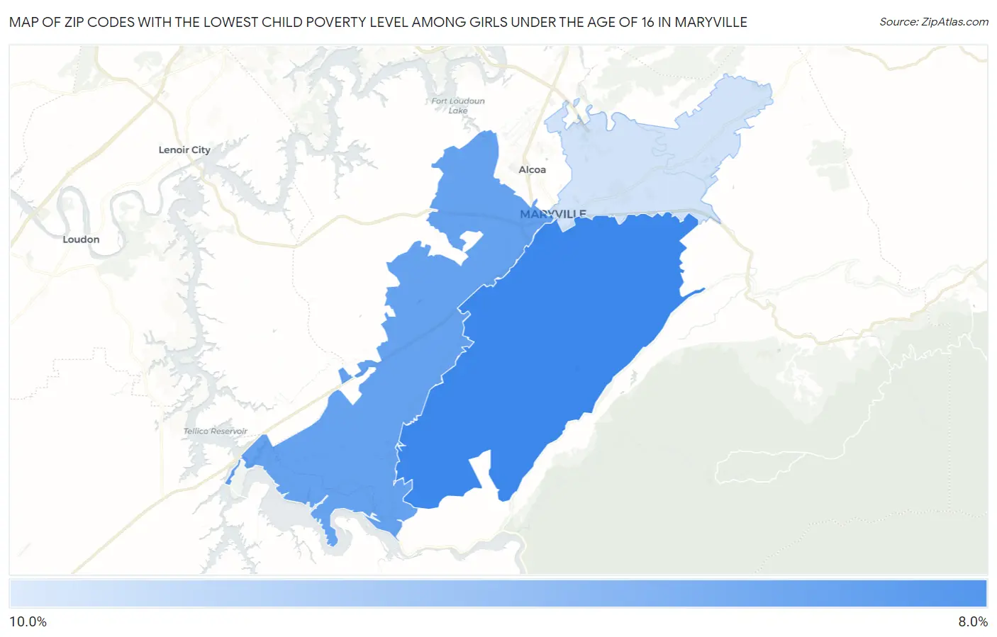 Zip Codes with the Lowest Child Poverty Level Among Girls Under the Age of 16 in Maryville Map