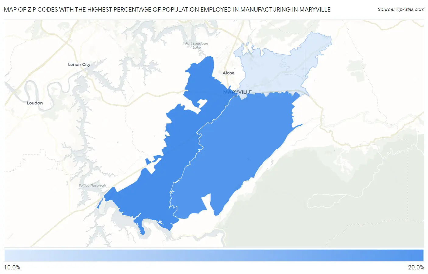 Zip Codes with the Highest Percentage of Population Employed in Manufacturing in Maryville Map