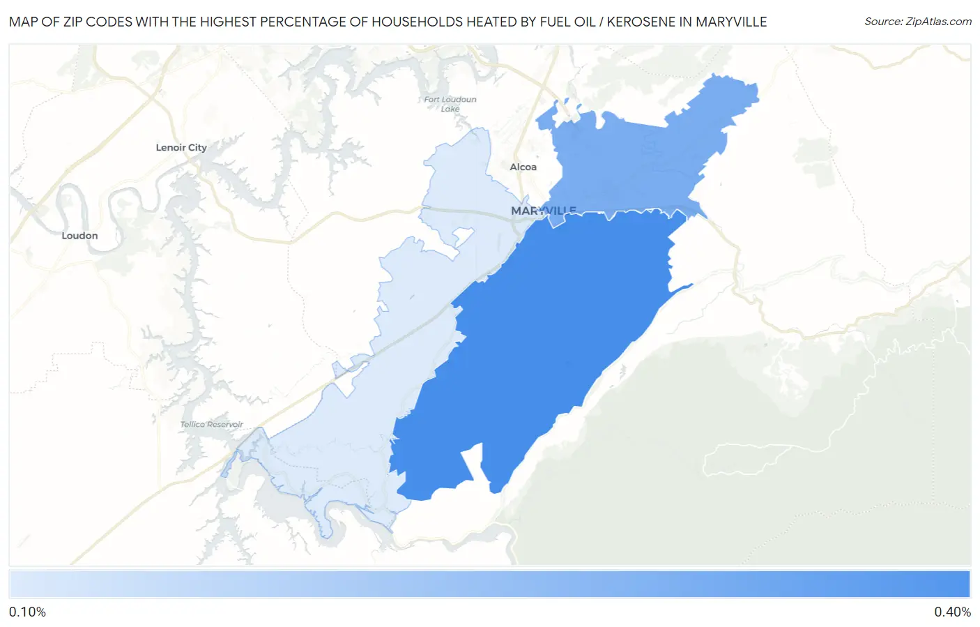 Zip Codes with the Highest Percentage of Households Heated by Fuel Oil / Kerosene in Maryville Map