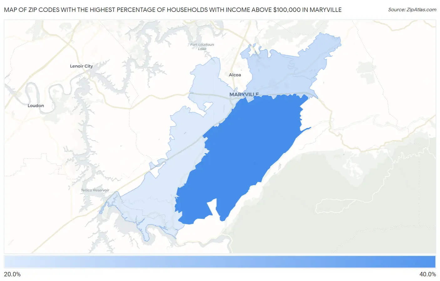 Zip Codes with the Highest Percentage of Households with Income Above $100,000 in Maryville Map