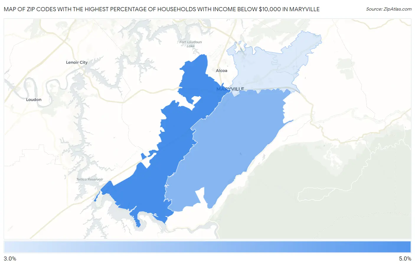 Zip Codes with the Highest Percentage of Households with Income Below $10,000 in Maryville Map