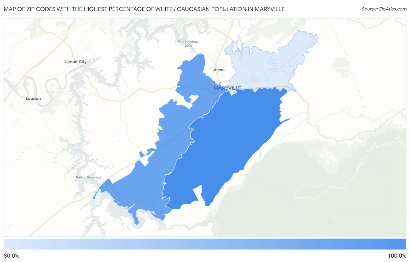 Zip Codes with the Highest Percentage of White / Caucasian Population in Maryville Map