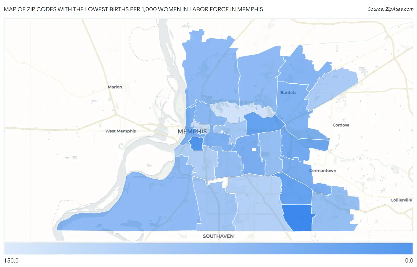Zip Codes with the Lowest Births per 1,000 Women in Labor Force in Memphis Map