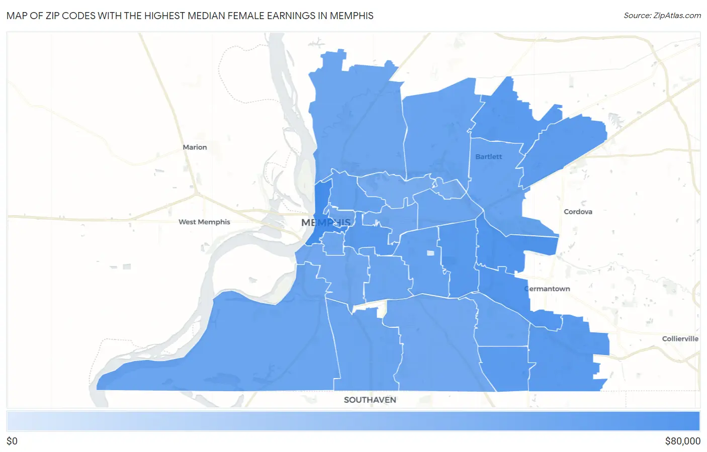 Zip Codes with the Highest Median Female Earnings in Memphis Map