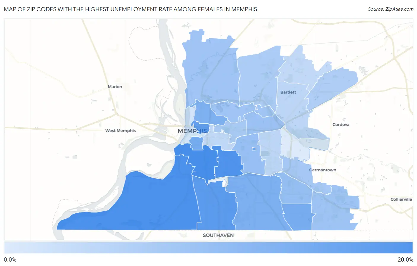 Zip Codes with the Highest Unemployment Rate Among Females in Memphis Map