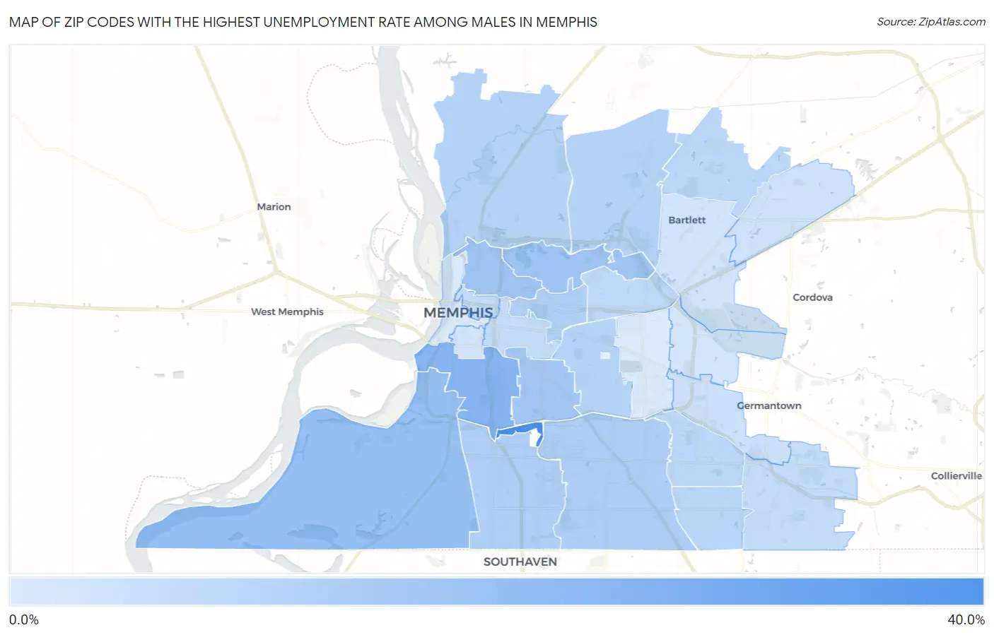 Zip Codes with the Highest Unemployment Rate Among Males in Memphis Map