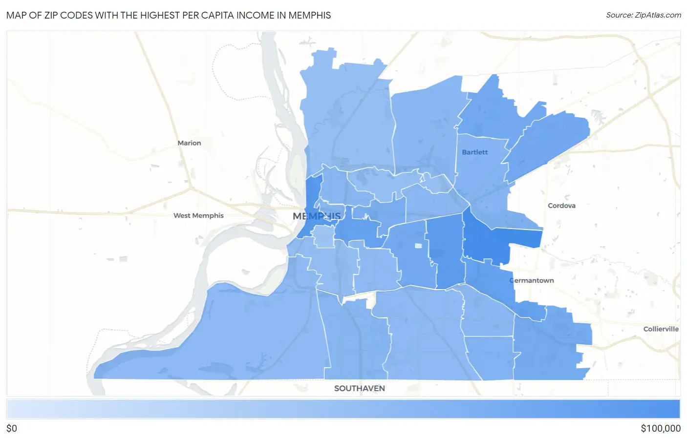 Zip Codes with the Highest Per Capita Income in Memphis Map