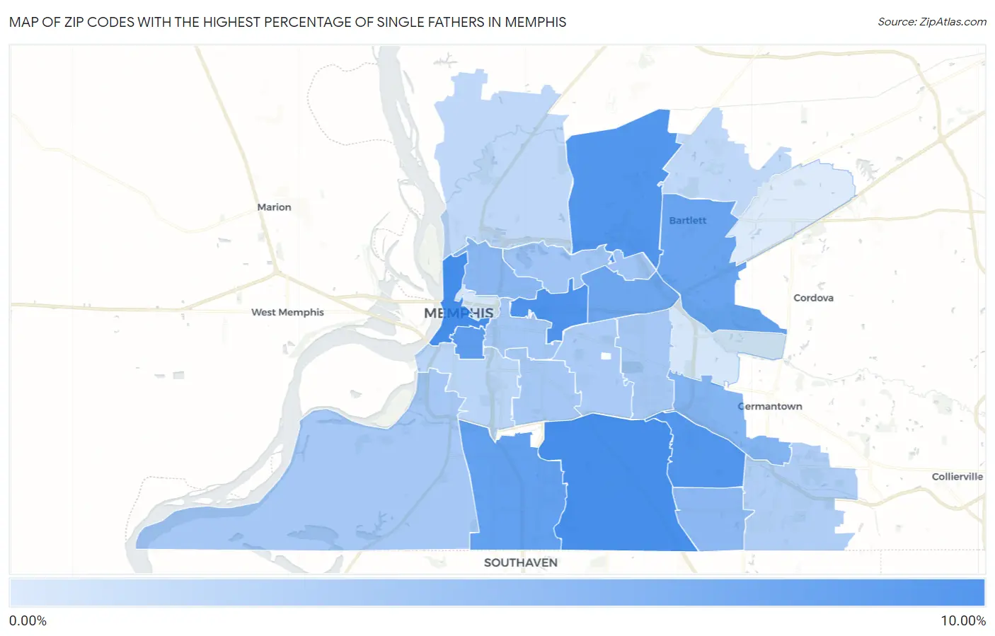 Zip Codes with the Highest Percentage of Single Fathers in Memphis Map