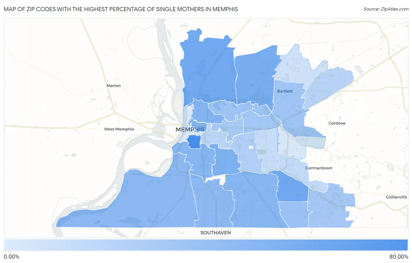 Zip Codes with the Highest Percentage of Single Mothers in Memphis Map