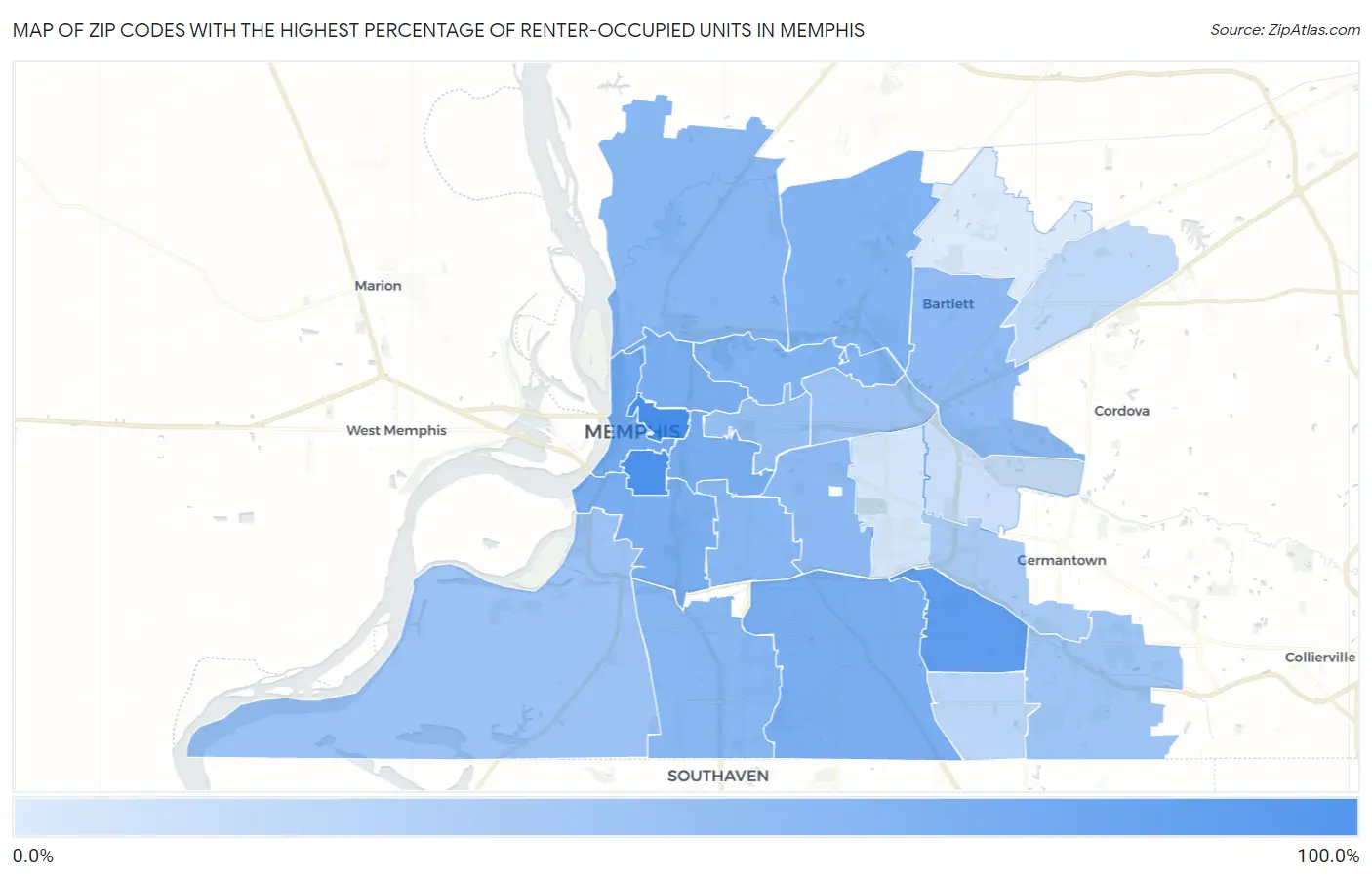 Zip Codes with the Highest Percentage of Renter-Occupied Units in Memphis Map